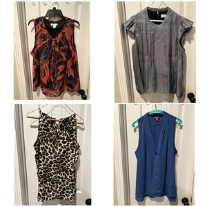 Lot of 4 Sleeveless blouses sz xl & large brown orange geometric, gray, leopard